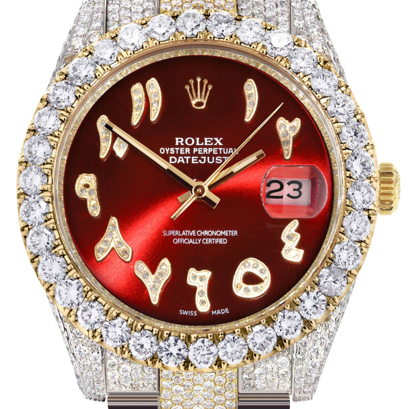 Diamond Iced Out Rolex Datejust 41 | 25 Carats Of Diamonds | Custom Red Arabic Numeral Diamond Dial | Two Tone | Oyster Band