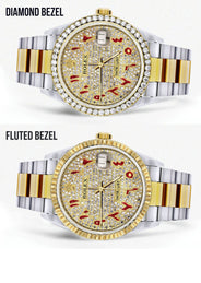 Diamond Gold Rolex Watch For Men 16233 | 36Mm | Custom Red Arabic Full Diamond Dial | Oyster Band