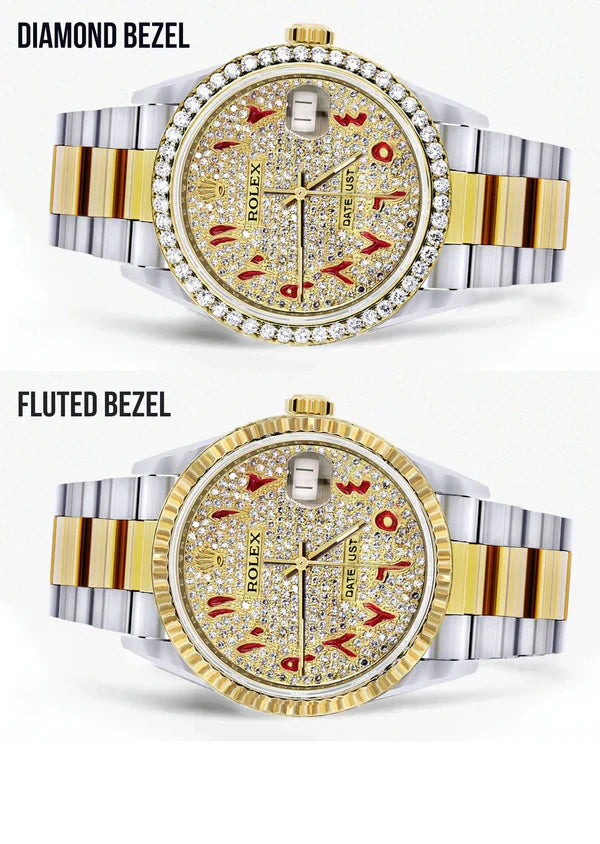 Diamond Rolex Datejust Watch 16233 | 36MM | Custom Red Arabic Full Diamond Dial | Stainless Steel | Oyster Band