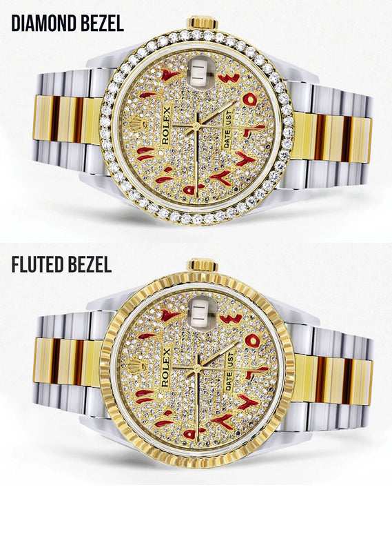 Diamond Gold Rolex Watch For Men 16233 | 36Mm | Custom Red Arabic Full Diamond Dial | Oyster Band