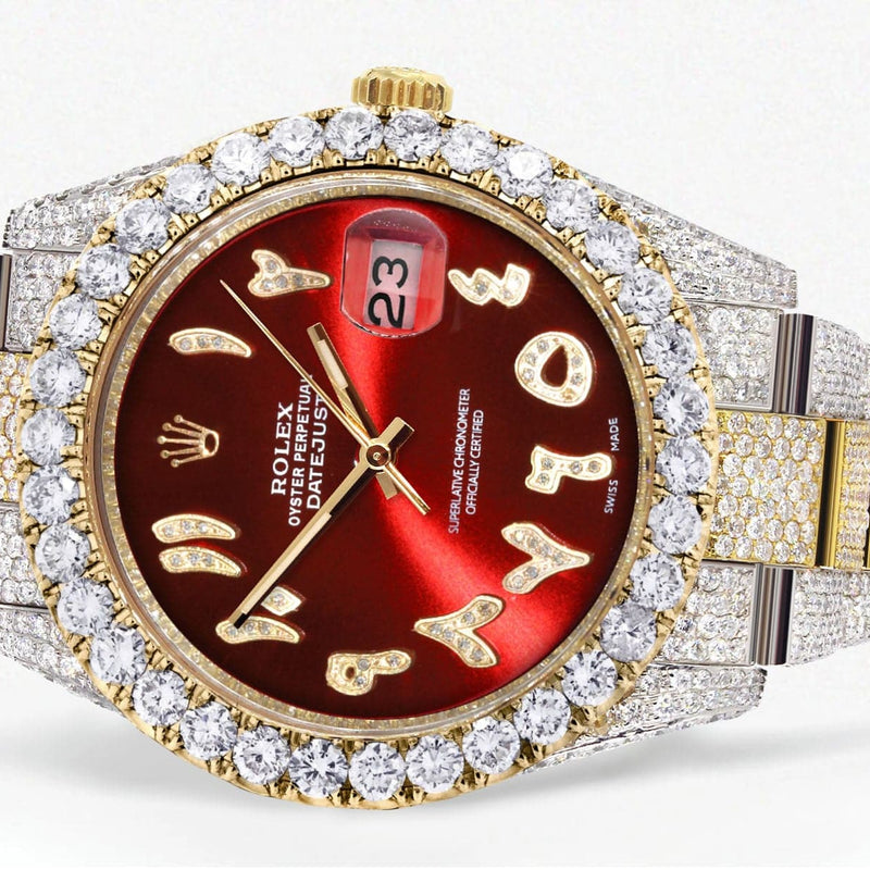 Diamond Iced Out Rolex Datejust 41 | 25 Carats Of Diamonds | Custom Red Arabic Numeral Diamond Dial | Two Tone | Oyster Band