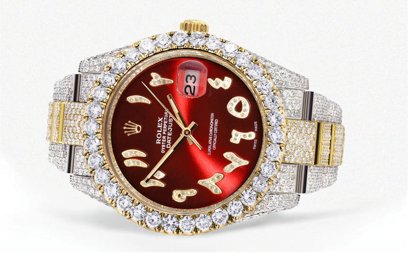 Diamond Iced Out Rolex Datejust 41 | 25 Carats Of Diamonds | Custom Red Arabic Numeral Diamond Dial | Two Tone | Oyster Band