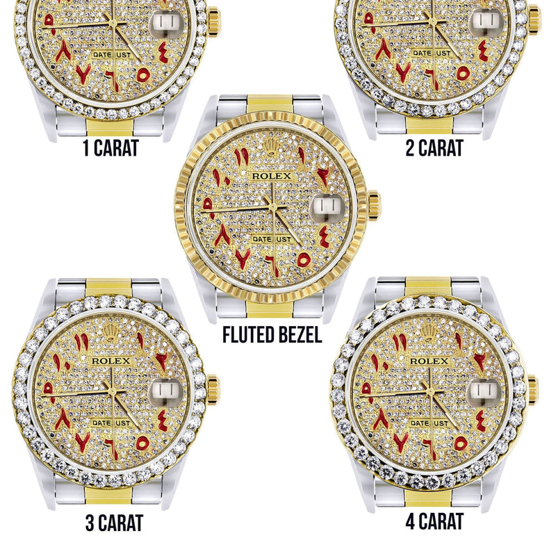 Diamond Gold Rolex Watch For Men 16233 | 36Mm | Custom Red Arabic Full Diamond Dial | Oyster Band