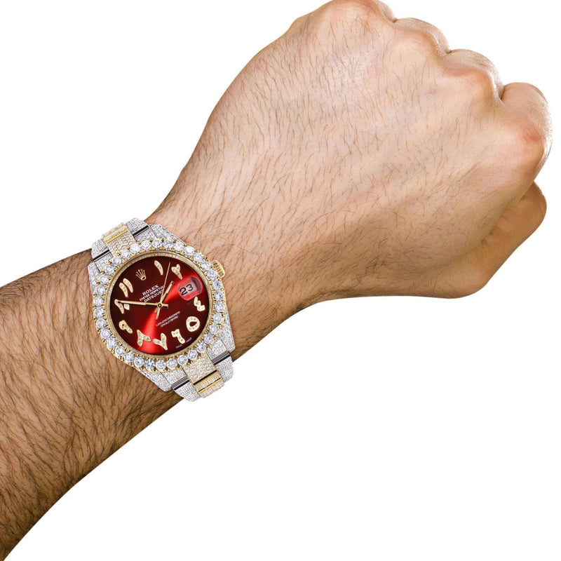 Diamond Iced Out Rolex Datejust 41 | 25 Carats Of Diamonds | Custom Red Arabic Numeral Diamond Dial | Two Tone | Oyster Band