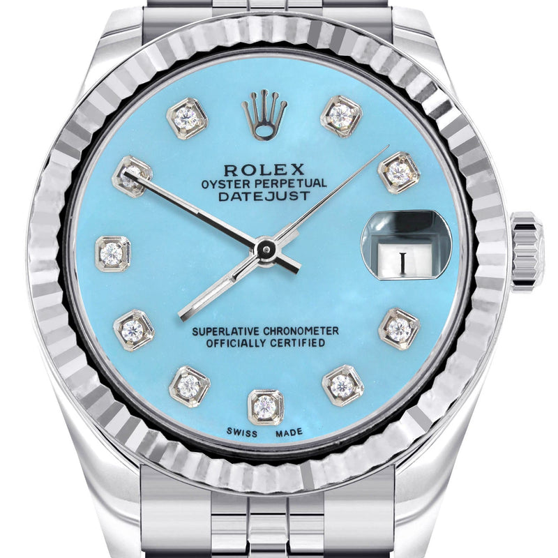 Diamond Rolex Watch | 68274 | Fluted Bezel | 31MM | Baby Blue Diamond Dial | Jubilee Band