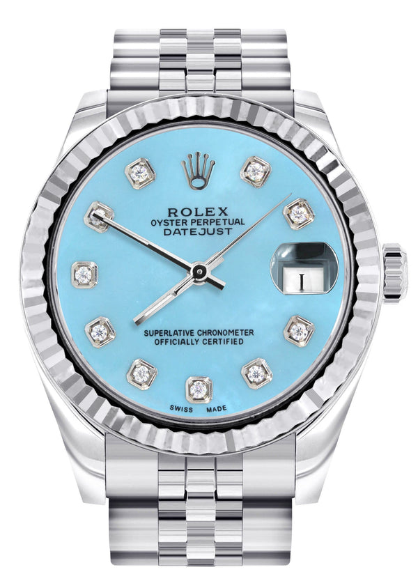 Diamond Rolex Watch | 68274 | Fluted Bezel | 31MM | Baby Blue Diamond Dial | Jubilee Band