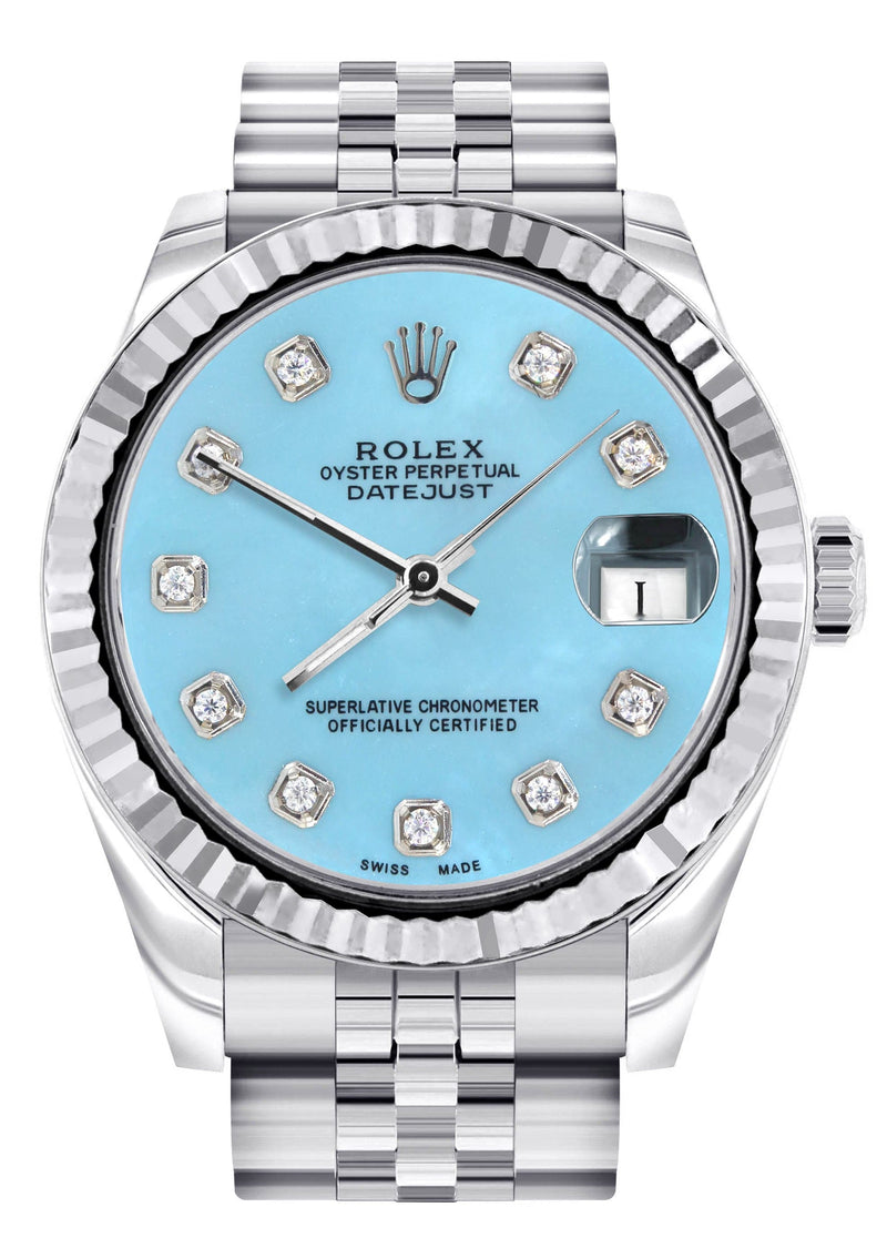 Diamond Rolex Watch | 68274 | Fluted Bezel | 31MM | Baby Blue Diamond Dial | Jubilee Band