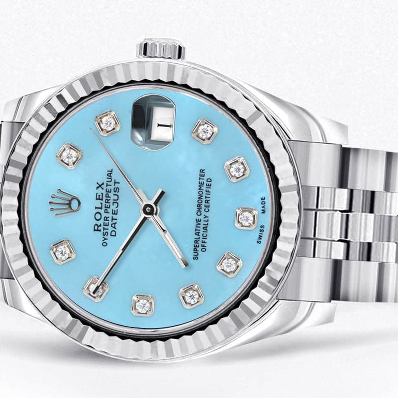 Diamond Rolex Watch | 68274 | Fluted Bezel | 31MM | Baby Blue Diamond Dial | Jubilee Band
