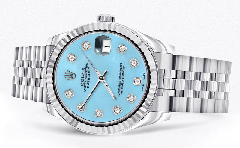 Diamond Rolex Watch | 68274 | Fluted Bezel | 31MM | Baby Blue Diamond Dial | Jubilee Band