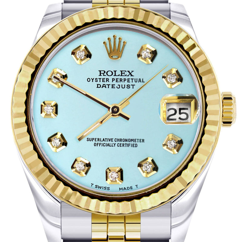 Diamond Gold Rolex Watch | 68273 | Fluted Bezel | 31MM | Baby Blue Diamond Dial | Jubilee Band