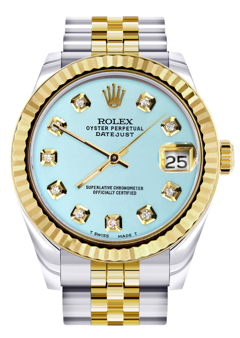 Diamond Gold Rolex Watch | 68273 | Fluted Bezel | 31MM | Baby Blue Diamond Dial | Jubilee Band