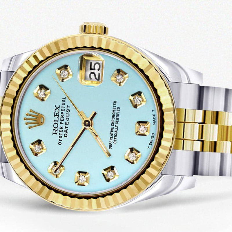 Diamond Gold Rolex Watch | 68273 | Fluted Bezel | 31MM | Baby Blue Diamond Dial | Jubilee Band