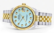 Diamond Gold Rolex Watch | 68273 | Fluted Bezel | 31MM | Baby Blue Diamond Dial | Jubilee Band