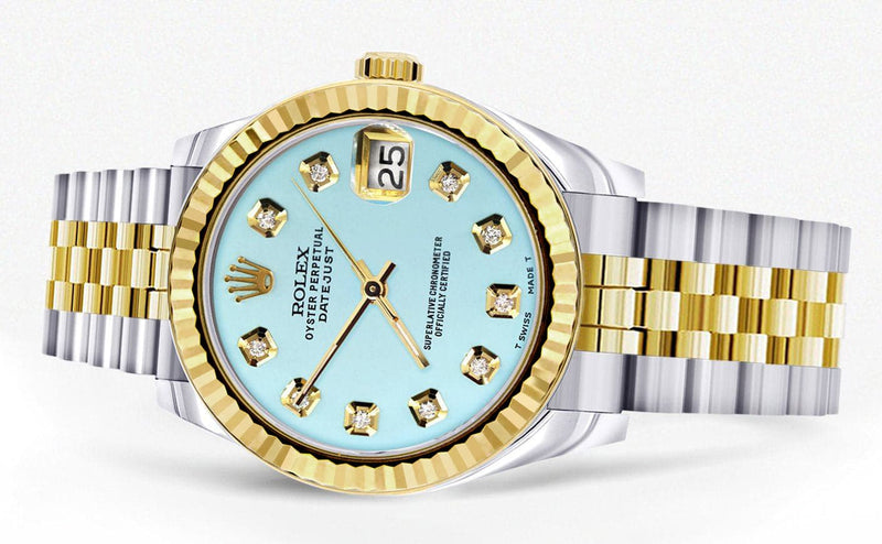 Diamond Gold Rolex Watch | 68273 | Fluted Bezel | 31MM | Baby Blue Diamond Dial | Jubilee Band
