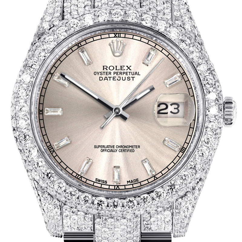 Womens Diamond Iced Out Rolex Datejust 41 | 25 Carats Of Diamonds | Custom Dawn Pink Dial | Two Row | Oyster Band