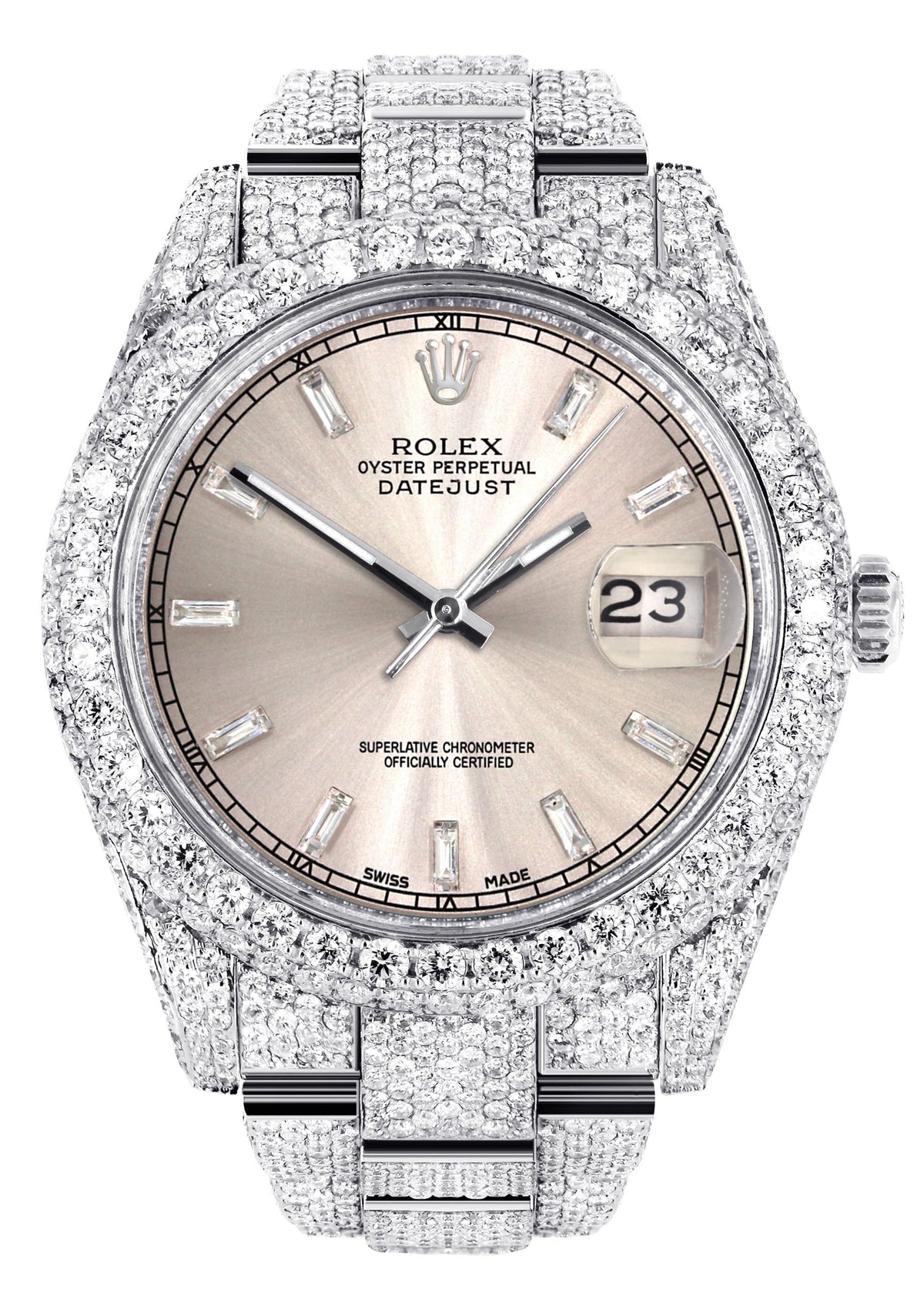 Womens Diamond Iced Out Rolex Datejust 41 | 25 Carats Of Diamonds | Custom Dawn Pink Dial | Two Row | Oyster Band