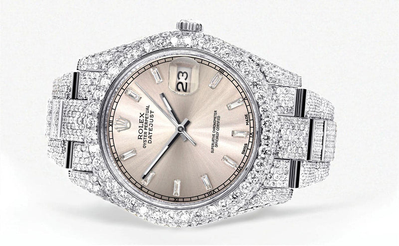 Diamond Iced Out Rolex Datejust 41 | 25 Carats Of Diamonds | Custom Dawn Pink Dial | Two Row | Oyster Band