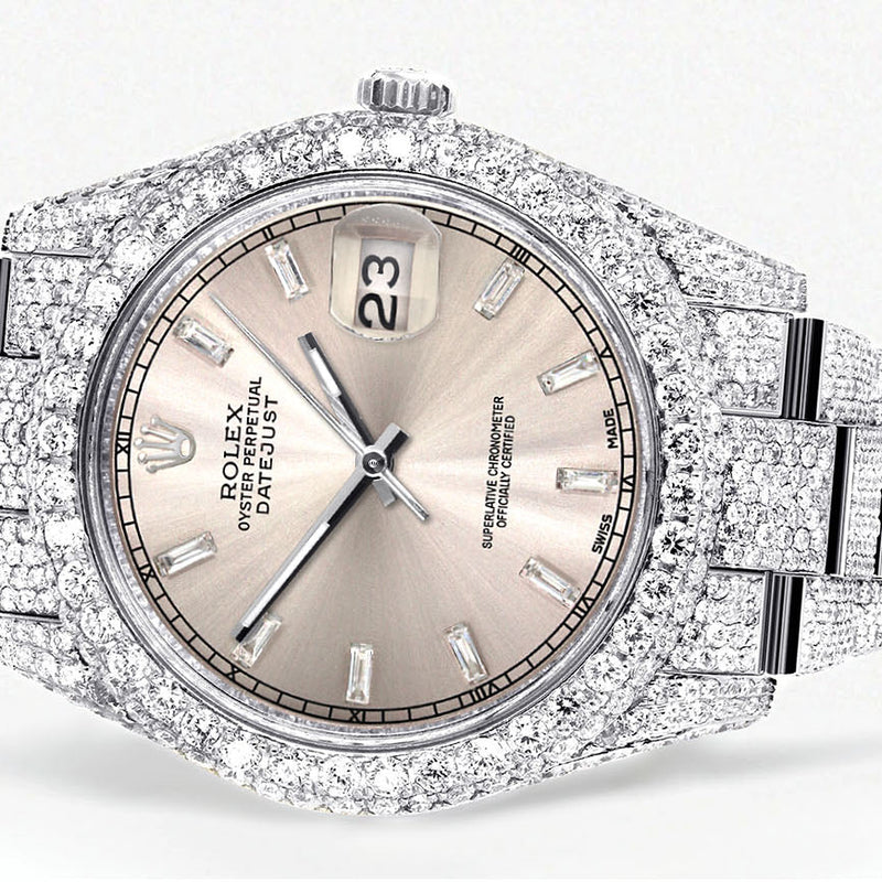 Womens Diamond Iced Out Rolex Datejust 41 | 25 Carats Of Diamonds | Custom Dawn Pink Dial | Two Row | Oyster Band