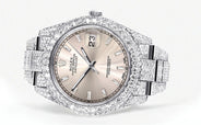 Womens Diamond Iced Out Rolex Datejust 41 | 25 Carats Of Diamonds | Custom Dawn Pink Dial | Two Row | Oyster Band