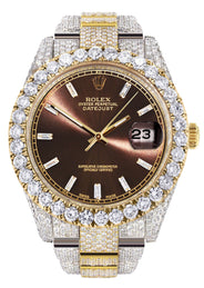 Diamond Iced Out Rolex Datejust 41 | 25 Carats Of Diamonds | Morocco Brown Diamond Dial | Two Tone | Oyster Band