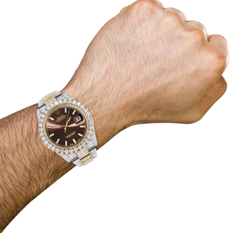 Diamond Iced Out Rolex Datejust 41 | 25 Carats Of Diamonds | Morocco Brown Diamond Dial | Two Tone | Oyster Band