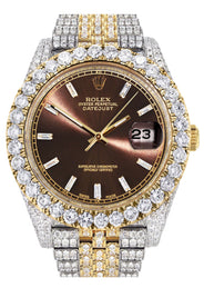 Diamond Iced Out Rolex Datejust 41 | 25 Carats Of Diamonds | Custom Morocco Brown Dial | Two Tone | Jubilee Band