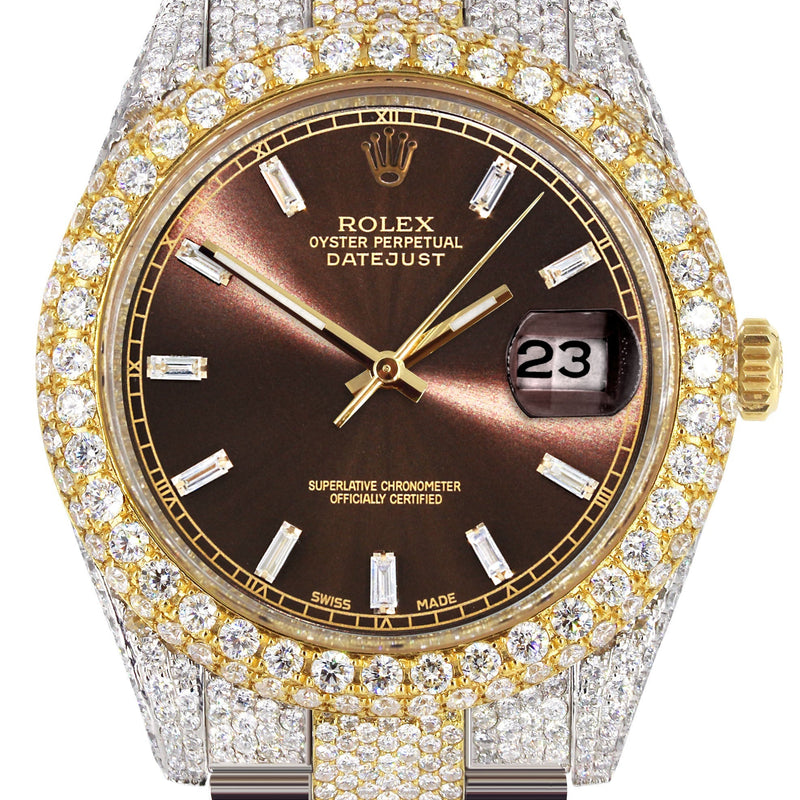 Womens Diamond Iced Out Rolex Datejust 41 | 25 Carats Of Diamonds | Morocco Brown Dial | Two Tone | Two Row | Oyster Band