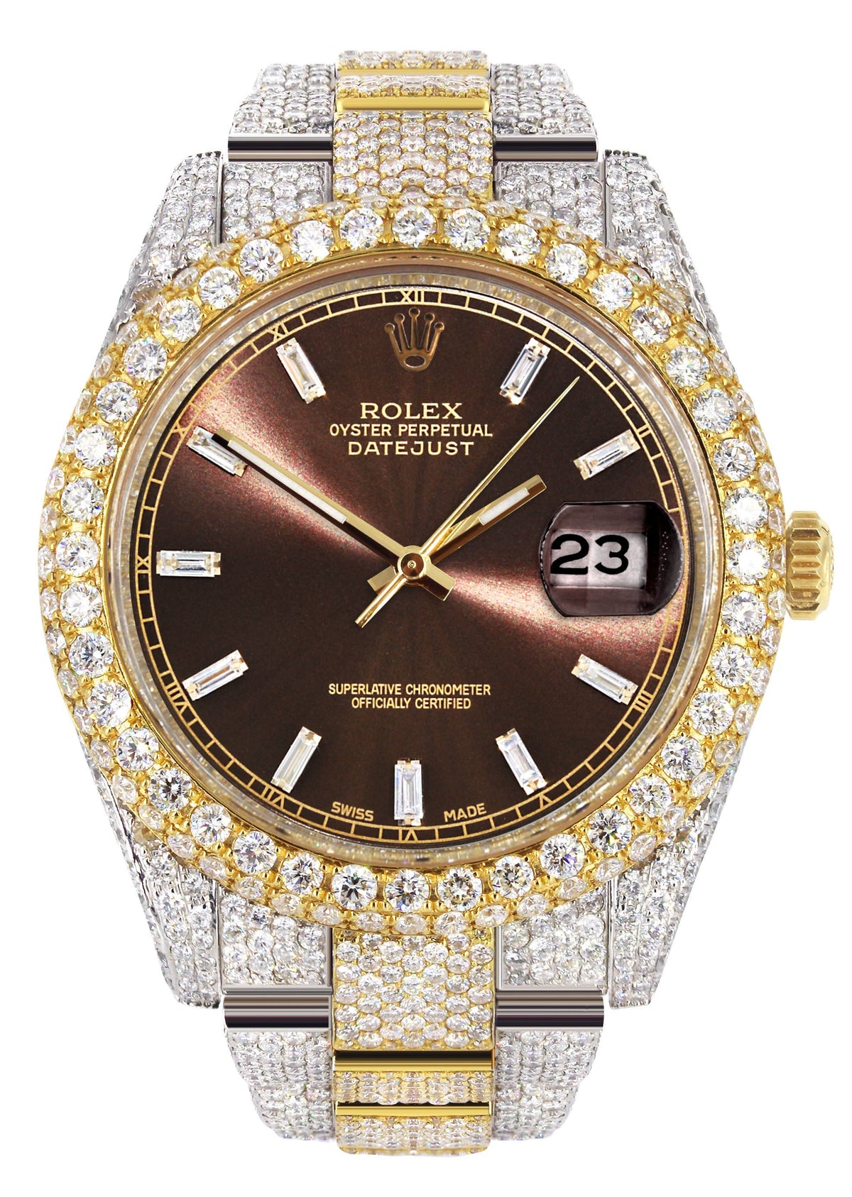 Womens Diamond Iced Out Rolex Datejust 41 | 25 Carats Of Diamonds | Morocco Brown Dial | Two Tone | Two Row | Oyster Band