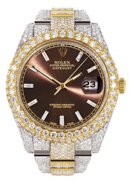 Womens Diamond Iced Out Rolex Datejust 41 | 25 Carats Of Diamonds | Morocco Brown Dial | Two Tone | Two Row | Oyster Band