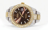 Diamond Iced Out Rolex Datejust 41 | 25 Carats Of Diamonds | Morocco Brown Dial | Two Tone | Two Row | Oyster Band