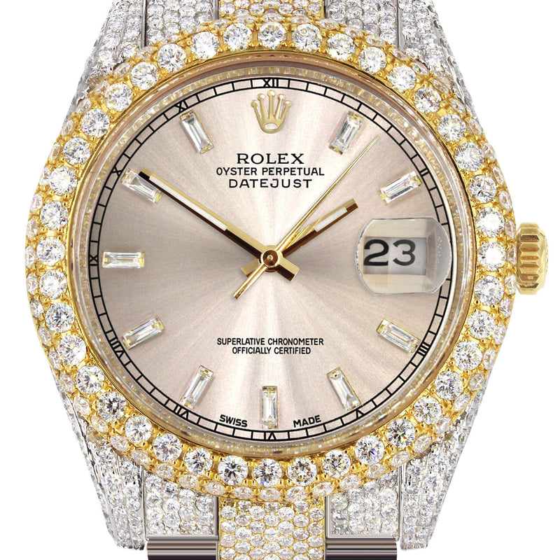 Diamond Iced Out Rolex Datejust 41 | 25 Carats Of Diamonds | Custom Dawn Pink Dial | Two Tone | Two Row | Oyster Band