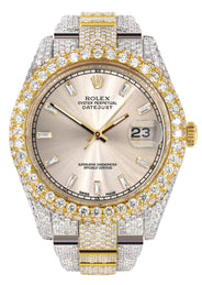Diamond Iced Out Rolex Datejust 41 | 25 Carats Of Diamonds | Custom Dawn Pink Dial | Two Tone | Two Row | Oyster Band