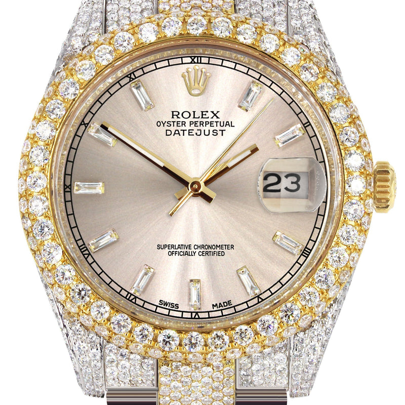 Womens Diamond Iced Out Rolex Datejust 41 | 25 Carats Of Diamonds | Custom Dawn Pink Dial | Two Tone | Two Row | Oyster Band