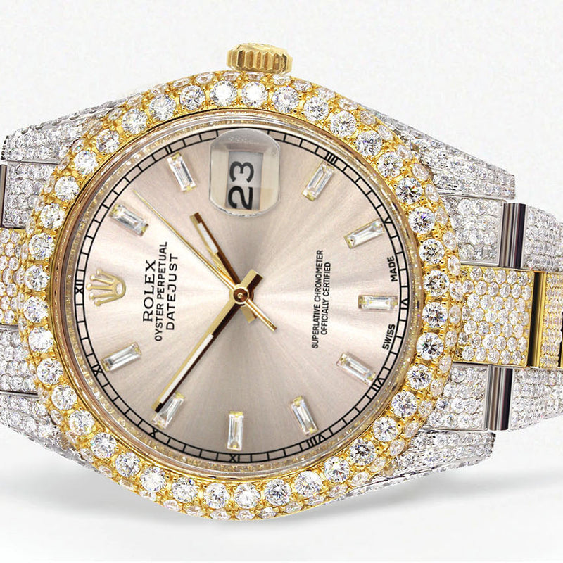 Womens Diamond Iced Out Rolex Datejust 41 | 25 Carats Of Diamonds | Custom Dawn Pink Dial | Two Tone | Two Row | Oyster Band