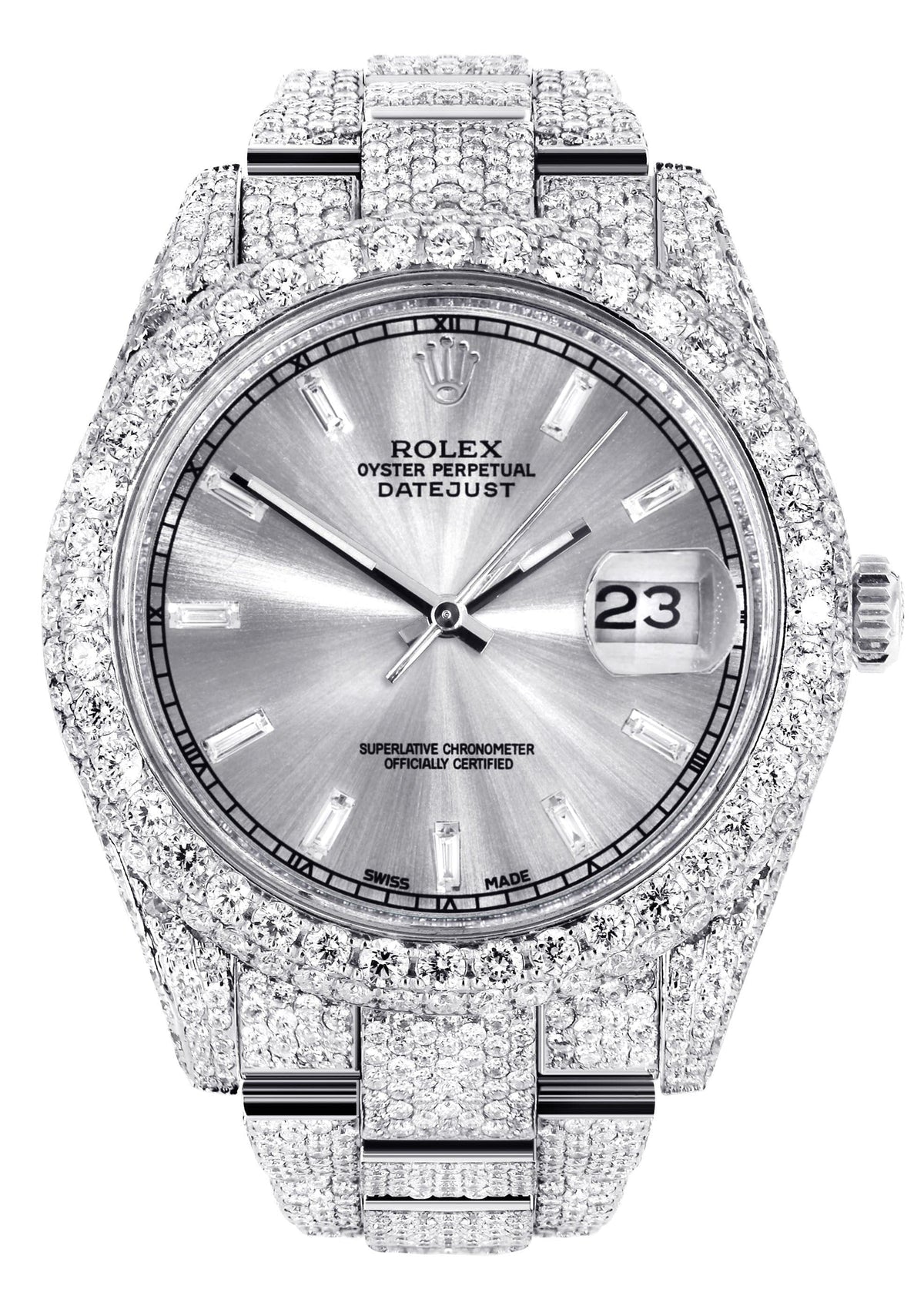 Diamond Iced Out Rolex Datejust 41 | 25 Carats Of Diamonds | Custom Silver Diamond Dial | Two Row | Oyster Band
