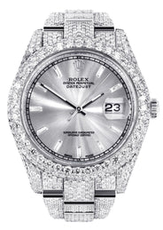 Diamond Iced Out Rolex Datejust 41 | 25 Carats Of Diamonds | Custom Silver Diamond Dial | Two Row | Oyster Band