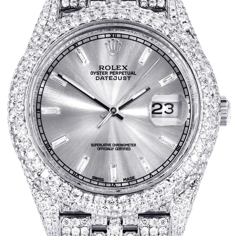 Womens Diamond Iced Out Rolex Datejust 41 | 25 Carats Of Diamonds | Custom Silver Diamond Dial | Two Row | Jubilee Band