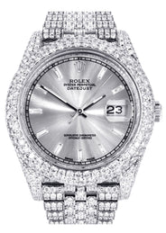Womens Diamond Iced Out Rolex Datejust 41 | 25 Carats Of Diamonds | Custom Silver Diamond Dial | Two Row | Jubilee Band
