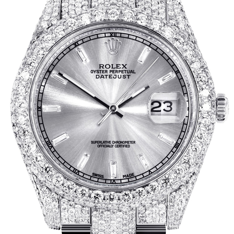 Womens Diamond Iced Out Rolex Datejust 41 | 25 Carats Of Diamonds | Custom Silver Diamond Dial | Two Row | Oyster Band