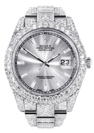 Womens Diamond Iced Out Rolex Datejust 41 | 25 Carats Of Diamonds | Custom Silver Diamond Dial | Two Row | Oyster Band