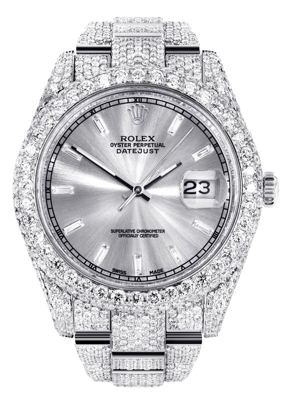 Womens Diamond Iced Out Rolex Datejust 41 | 25 Carats Of Diamonds | Custom Silver Diamond Dial | Two Row | Oyster Band