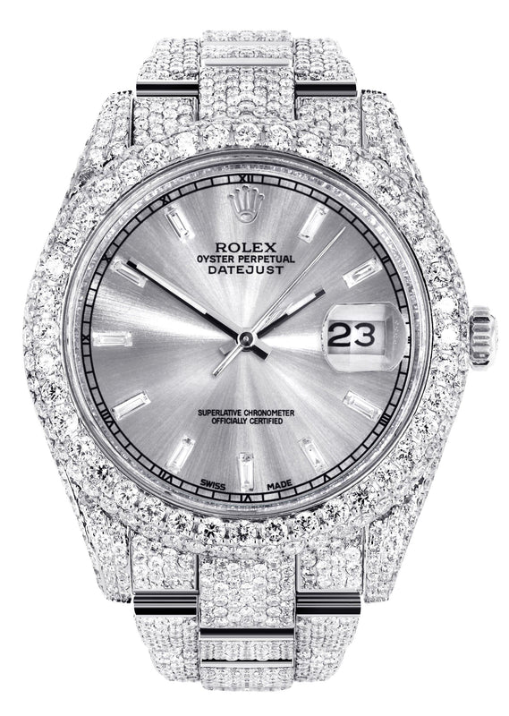 Diamond Iced Out Rolex Datejust 41 | 25 Carats Of Diamonds | Custom Silver Diamond Dial | Two Row | Oyster Band