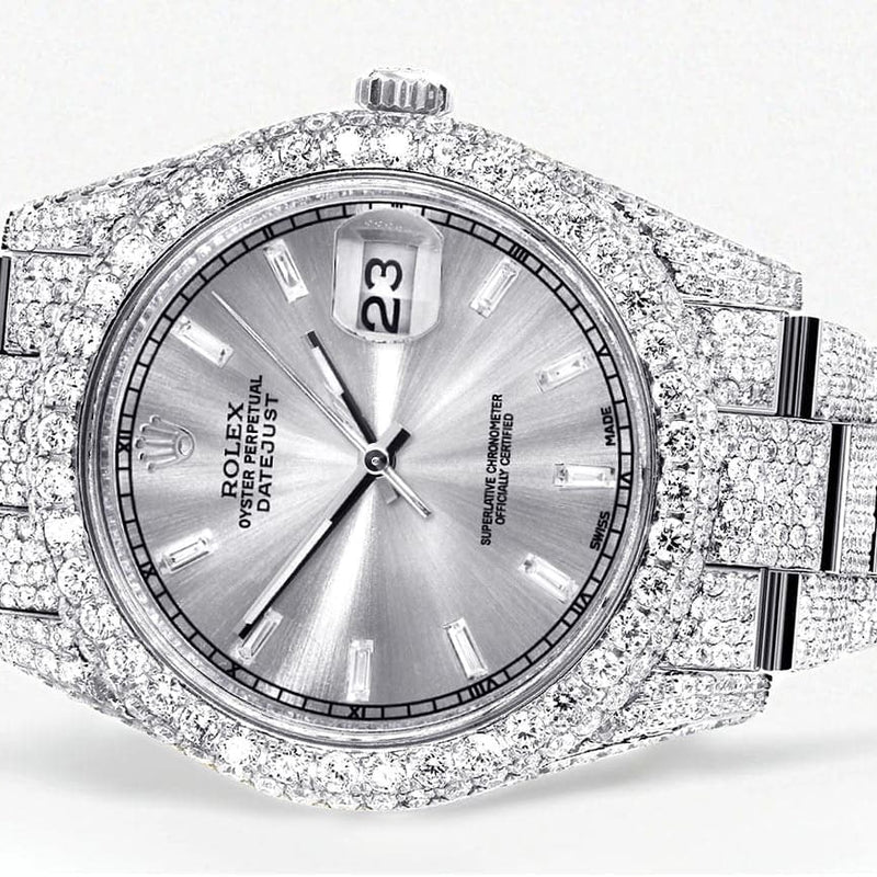 Diamond Iced Out Rolex Datejust 41 | 25 Carats Of Diamonds | Custom Silver Diamond Dial | Two Row | Oyster Band