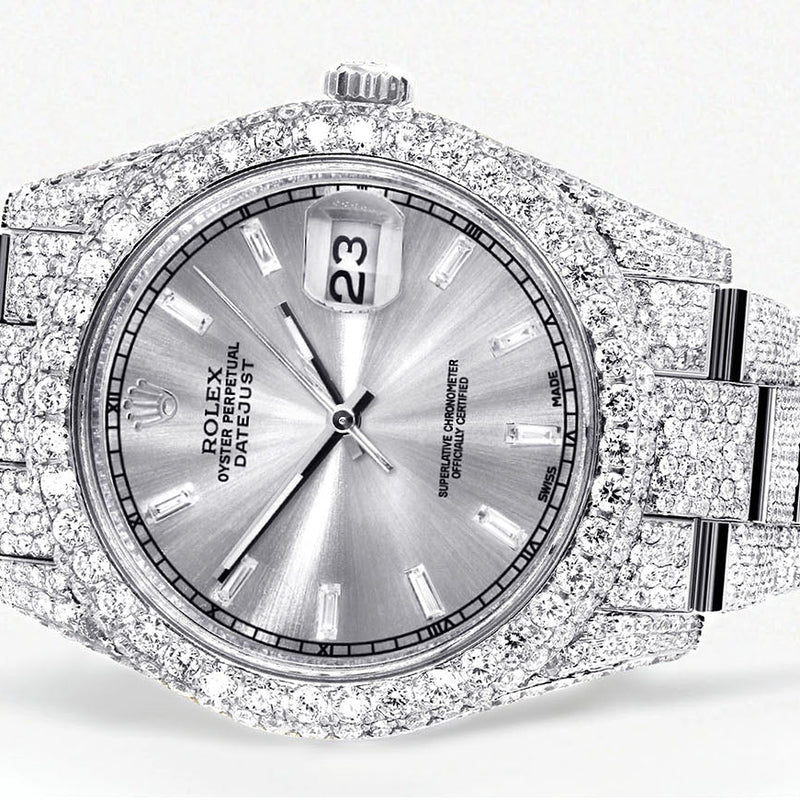 Womens Diamond Iced Out Rolex Datejust 41 | 25 Carats Of Diamonds | Custom Silver Diamond Dial | Two Row | Oyster Band