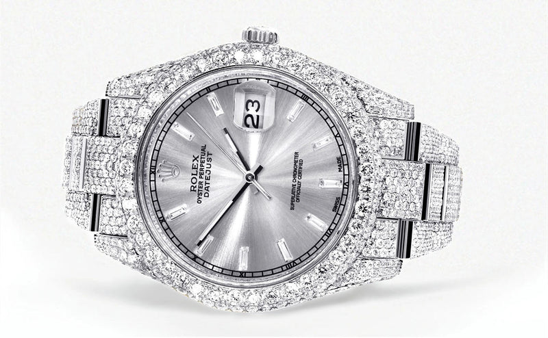 Womens Diamond Iced Out Rolex Datejust 41 | 25 Carats Of Diamonds | Custom Silver Diamond Dial | Two Row | Oyster Band