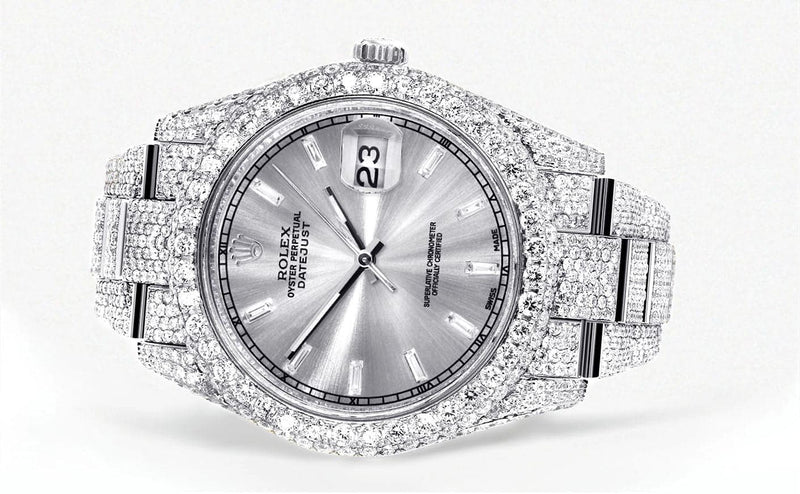 Diamond Iced Out Rolex Datejust 41 | 25 Carats Of Diamonds | Custom Silver Diamond Dial | Two Row | Oyster Band