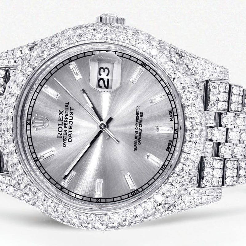 Womens Diamond Iced Out Rolex Datejust 41 | 25 Carats Of Diamonds | Custom Silver Diamond Dial | Two Row | Jubilee Band