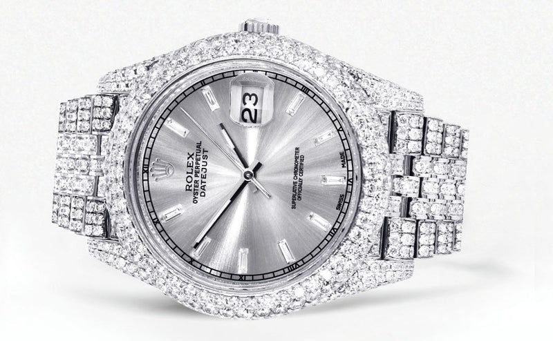 Womens Diamond Iced Out Rolex Datejust 41 | 25 Carats Of Diamonds | Custom Silver Diamond Dial | Two Row | Jubilee Band