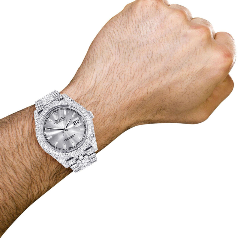 Diamond Iced Out Rolex Datejust 41 | 25 Carats Of Diamonds | Custom Silver Diamond Dial | Two Row | Jubilee Band