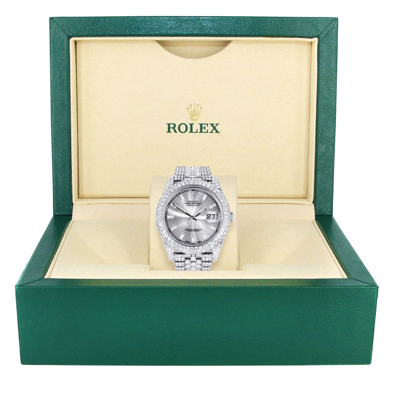 Womens Diamond Iced Out Rolex Datejust 41 | 25 Carats Of Diamonds | Custom Silver Diamond Dial | Two Row | Jubilee Band